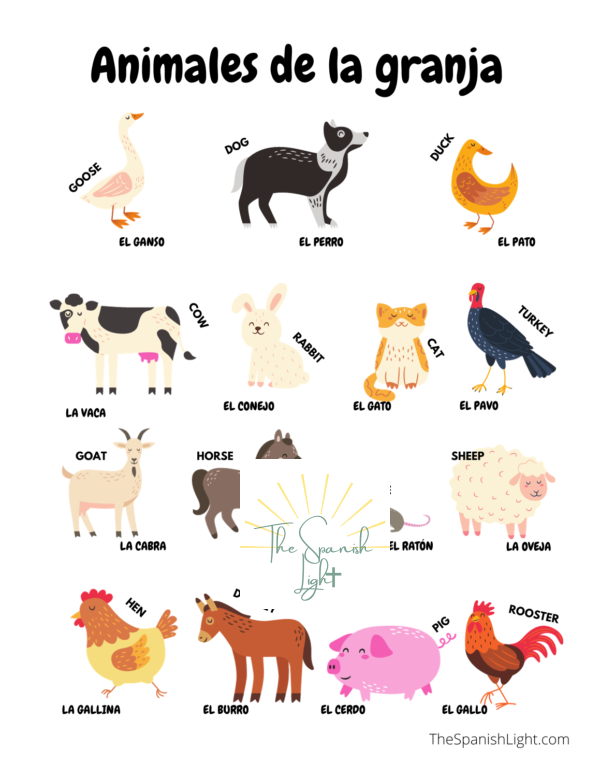 Farm Animals In English Spanish Display Poster NBKomputer